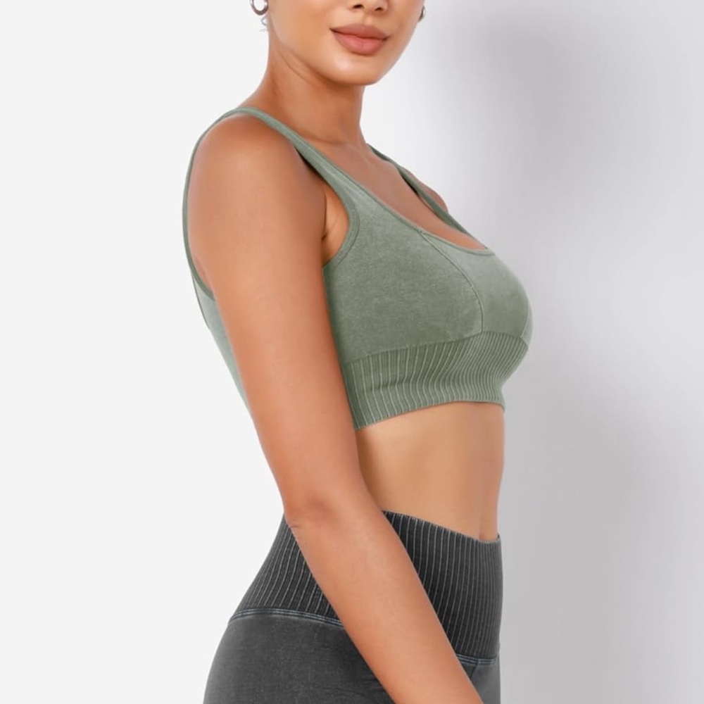 Seamless Square Neck Sports Bra Women Ribbed Crop Tank Casual Low Back Crop Tops - Picture 3 of 6